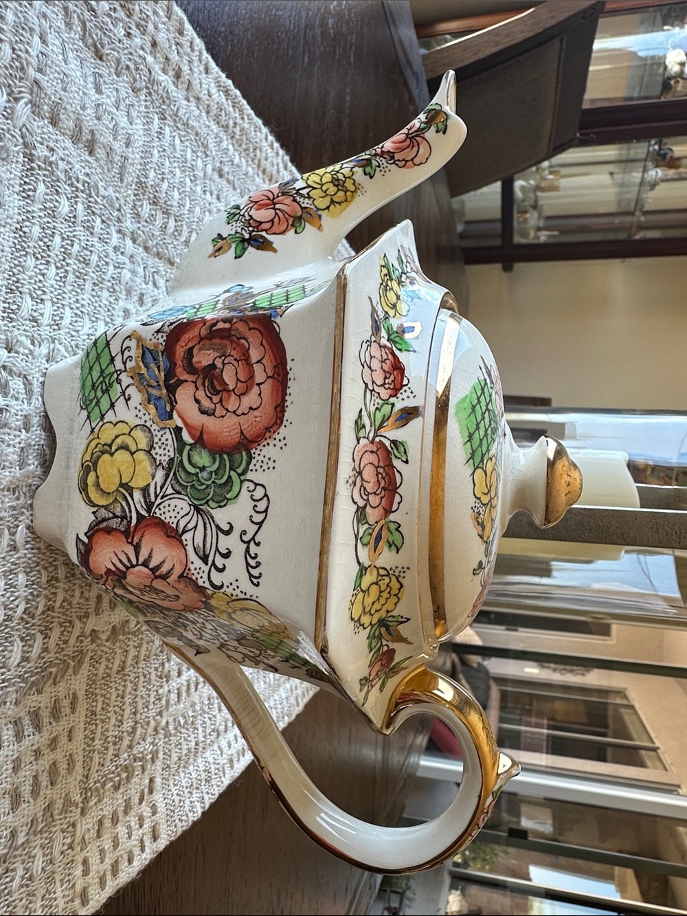 White Porcelain Teapot with Multicolor Floral Motif and Gold Trim, Vintage